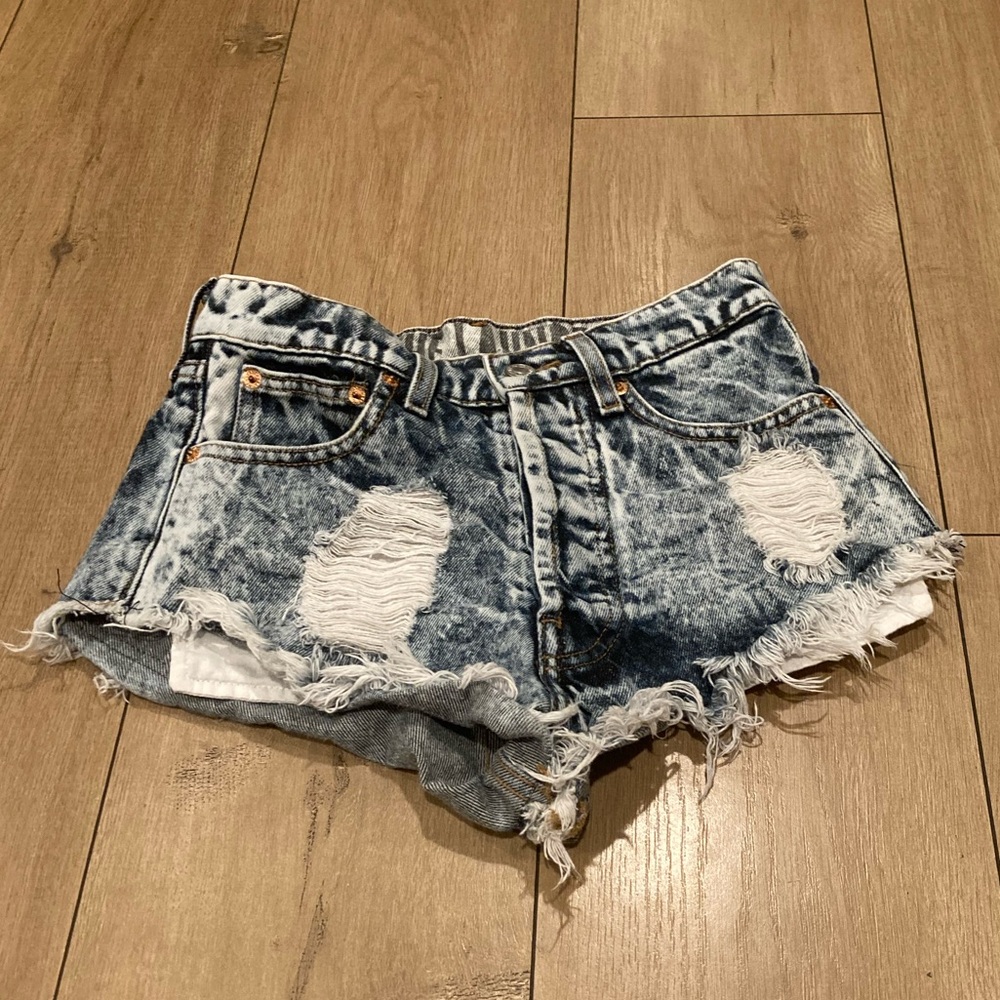 The Laundry Room Acid Wash Denim High Waist Distressed Shorts - Blue